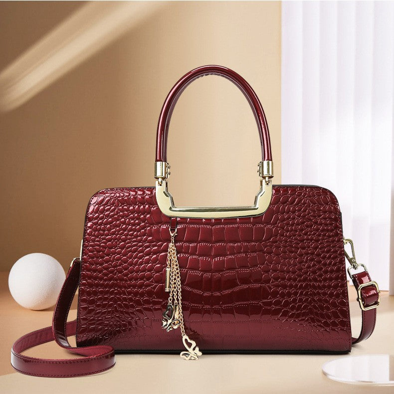 Women's High-grade Patent Leather Stone Pattern Boston Handbags