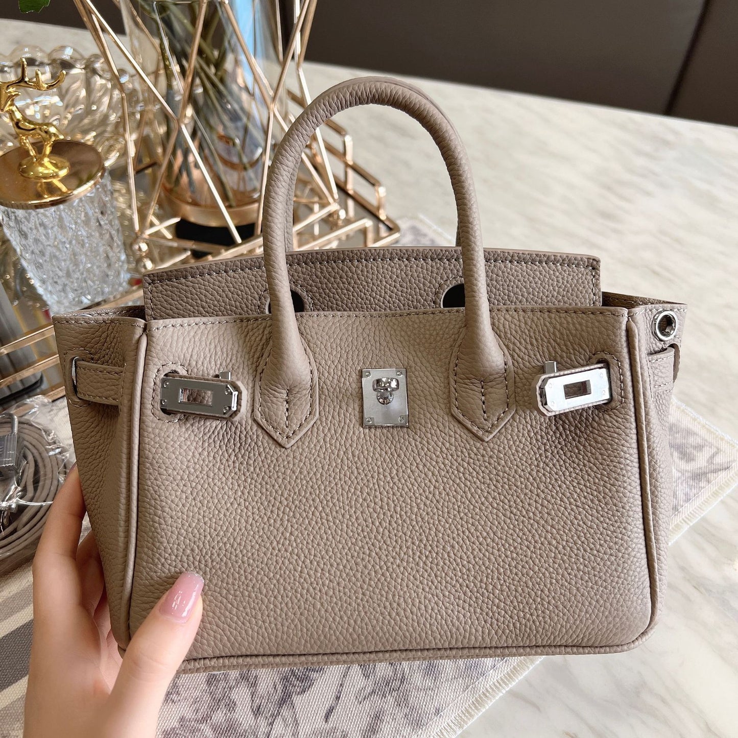 Women's Mini Litchi Pattern First Layer Cowhide Handbags