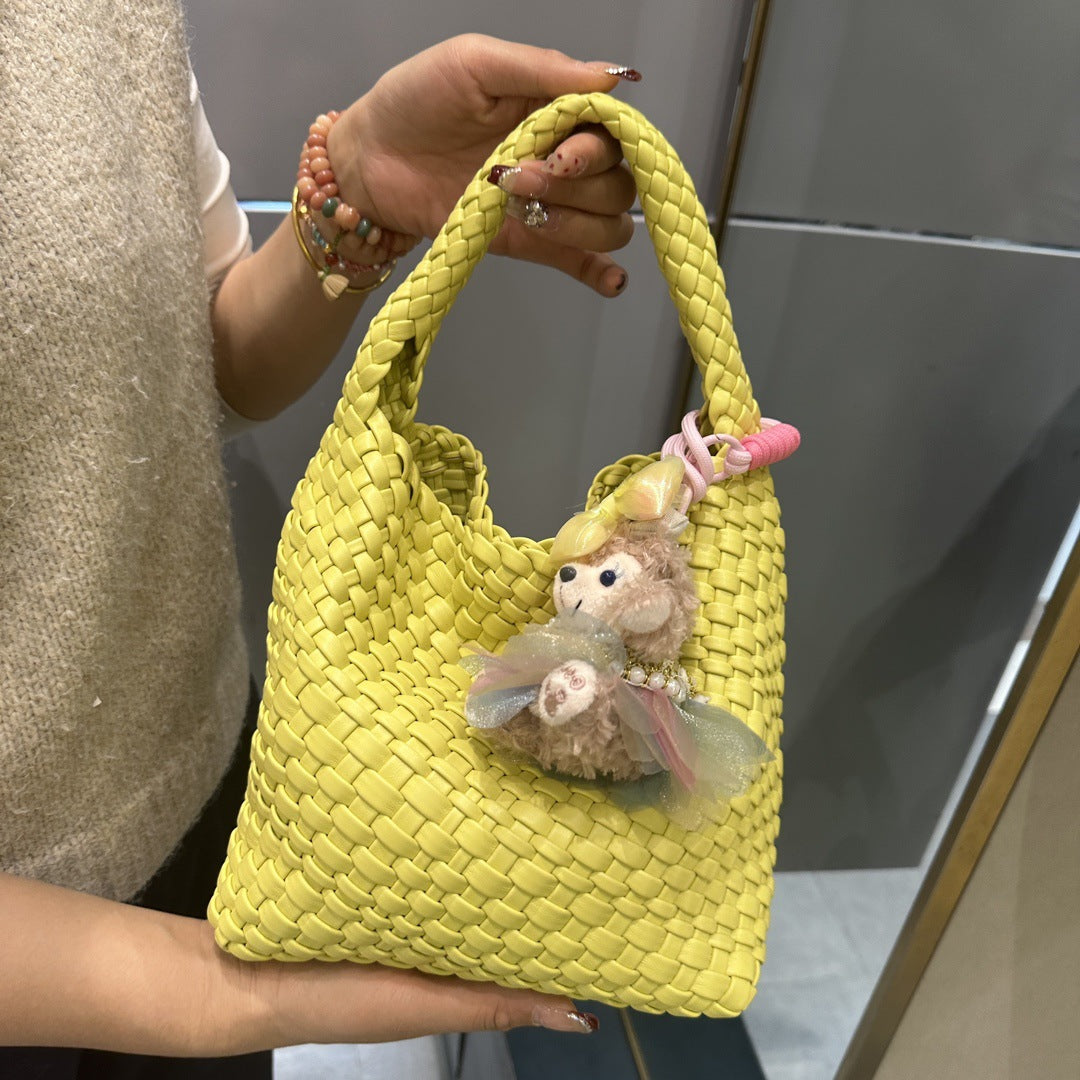 Women's Handmade Woven Vegetable Basket Cowhide Portable Shoulder Bags
