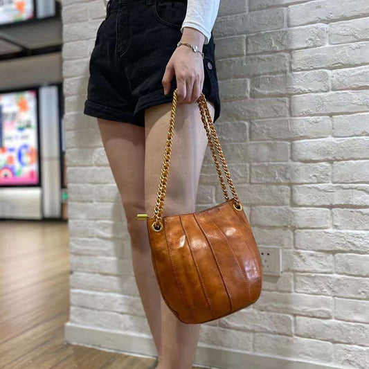 Tanned Handmade First Layer Cowhide Chain Bucket Bags