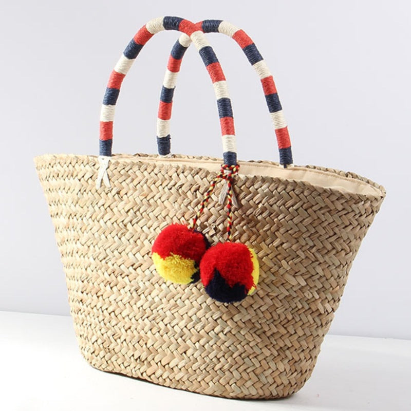 Women's Capacity Straw Fur Ball Woven Vacation Bags