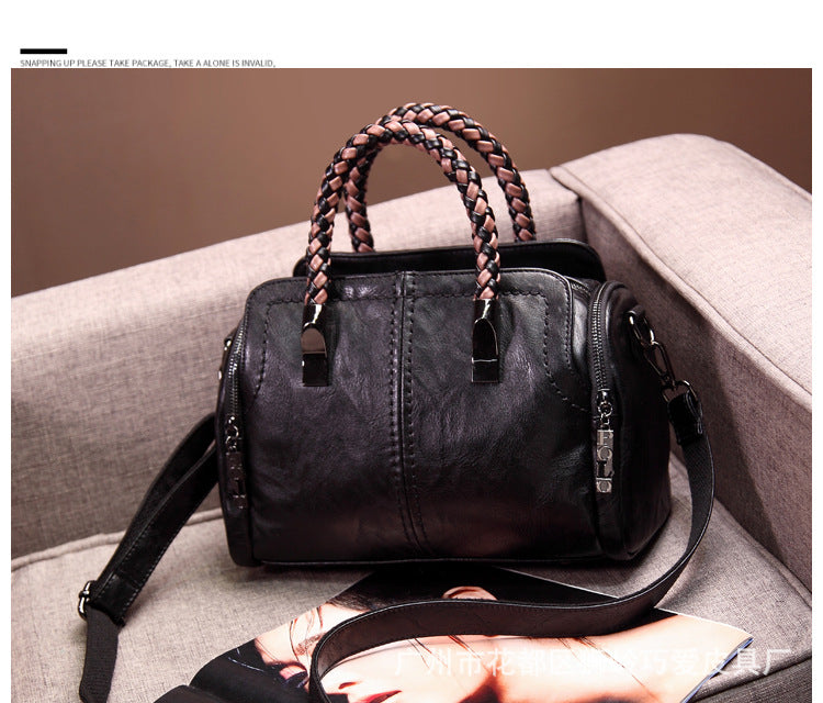 Women's Big Boston Soft Leather Fashion Woven Handbags