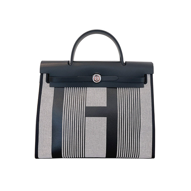 Women's Kelly Cowhide Stitching Canvas Large Capacity Handbags