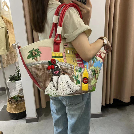 Fashion Large Capacity Creative Stitching Embroidery Vegetable Shoulder Bags