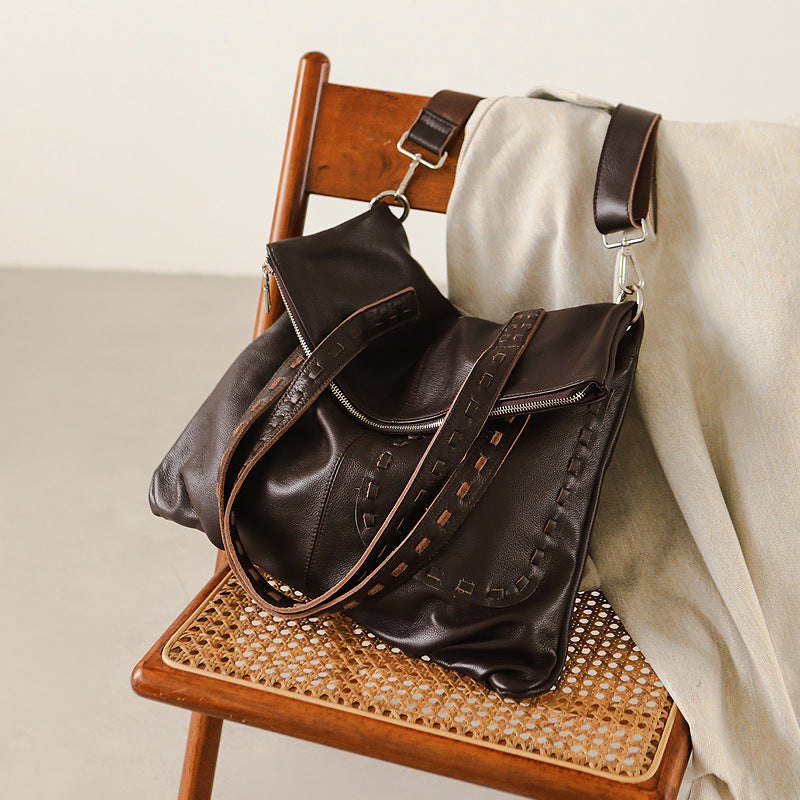 Women's Style Vegetable Tanned Cattle Leather Genuine Large Shoulder Bags