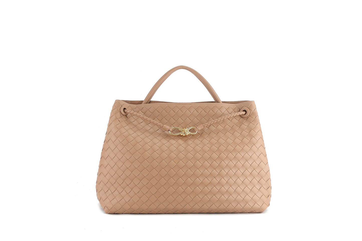 Women's Bow Metal Cord Fastener Woven Genuine Leather Shoulder Bags