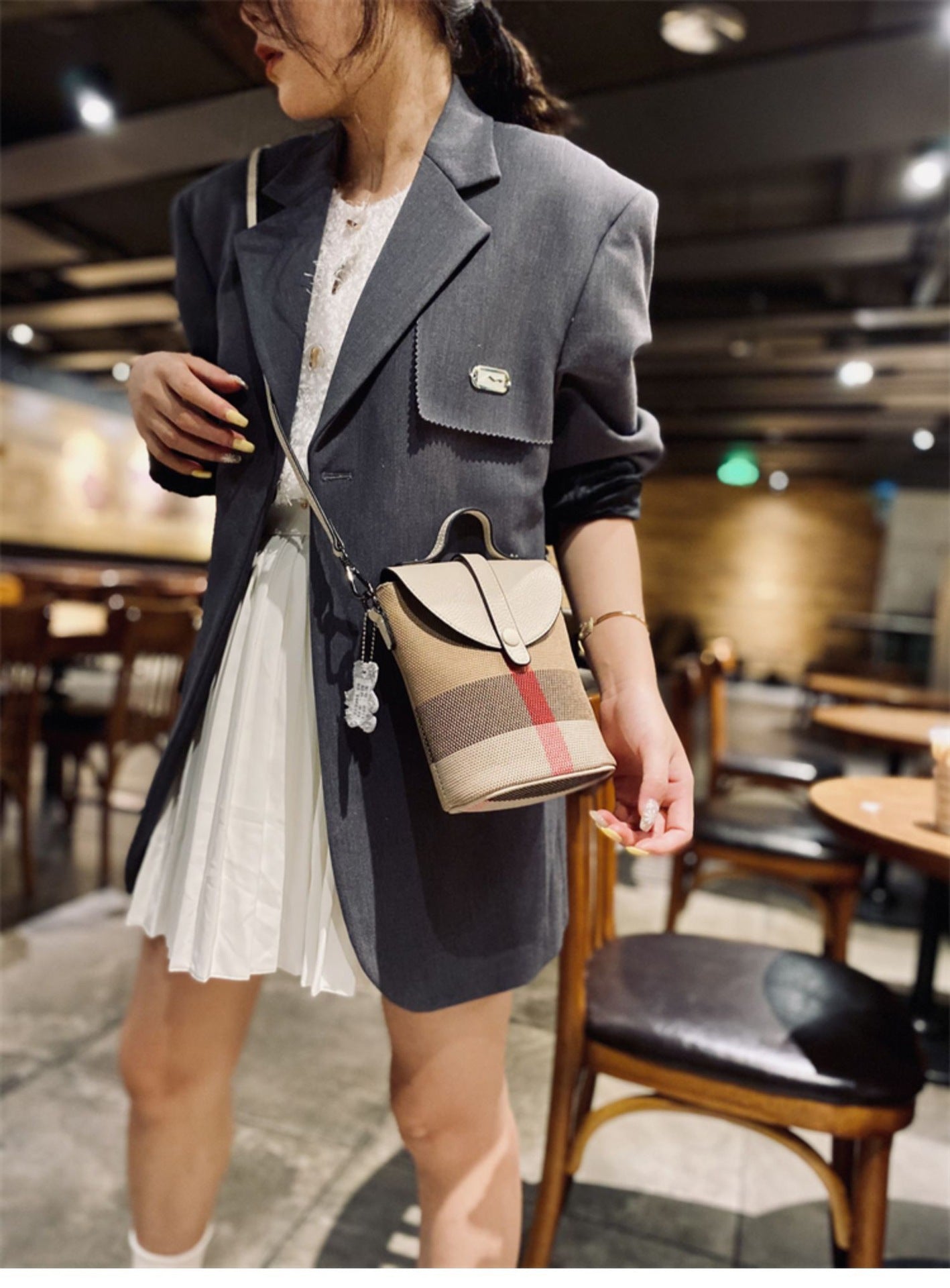 Real Leather Canvas Contrast Color One Plaid Fashion Buckle