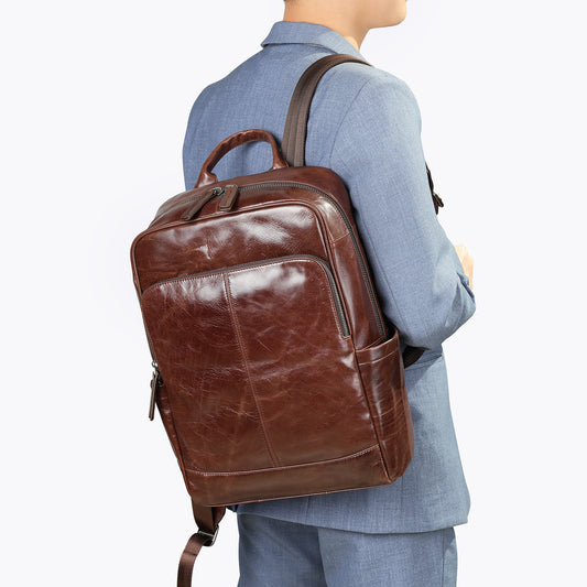 Men's Leather First Layer Cowhide Oil Wax Backpacks