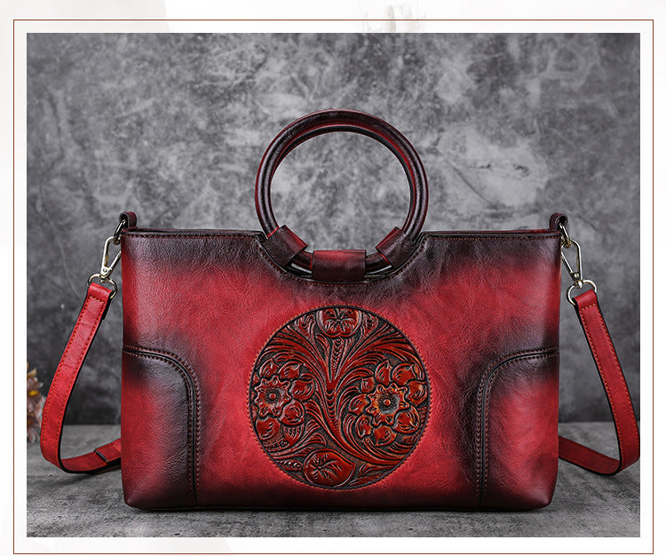 Women's Elegant Vintage Leather Floral Pattern Shoulder Bags