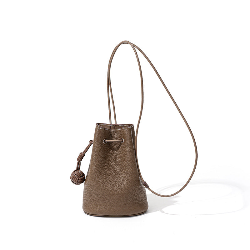 Women's Niche Drawstring Genuine Leather Simple First Bucket Bags