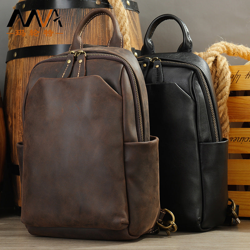 Men's Crazy Horse Leather Vintage Genuine Black Men's Chest Bags