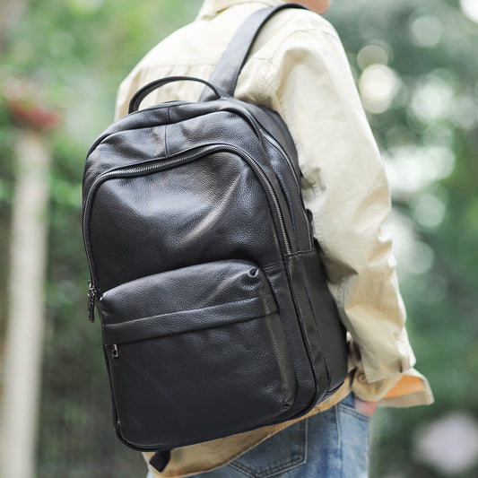 Men's First Layer Cowhide Black Trendy Cool Backpacks