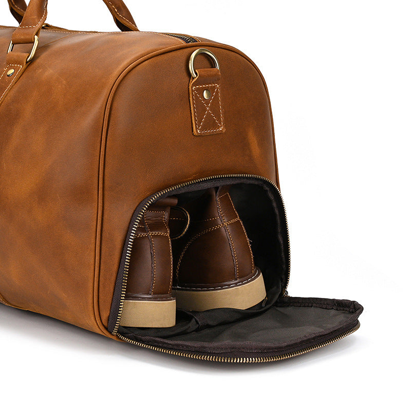Men's Crazy Horse Leather Cowhide With Shoe Travel Bags