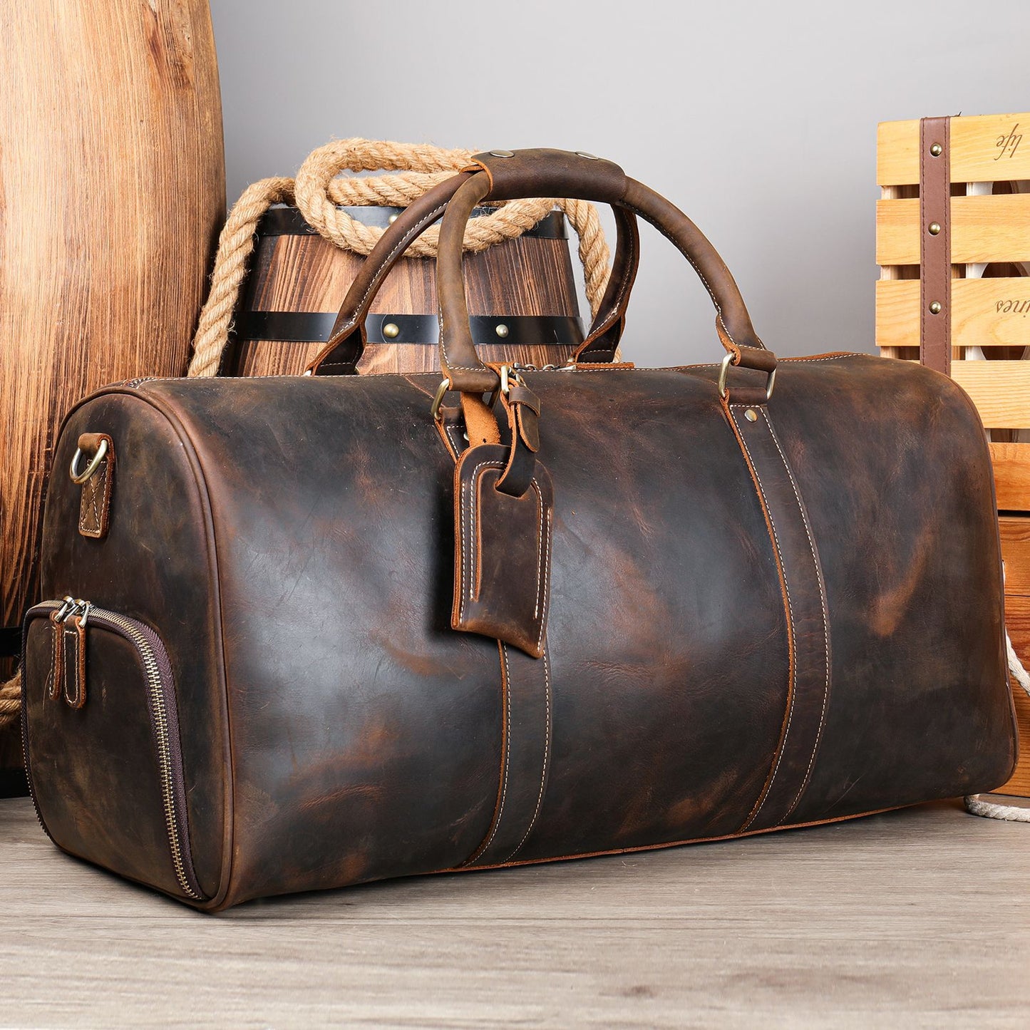 Men's Traveling Black With Shoe Position Cowhide Travel Bags