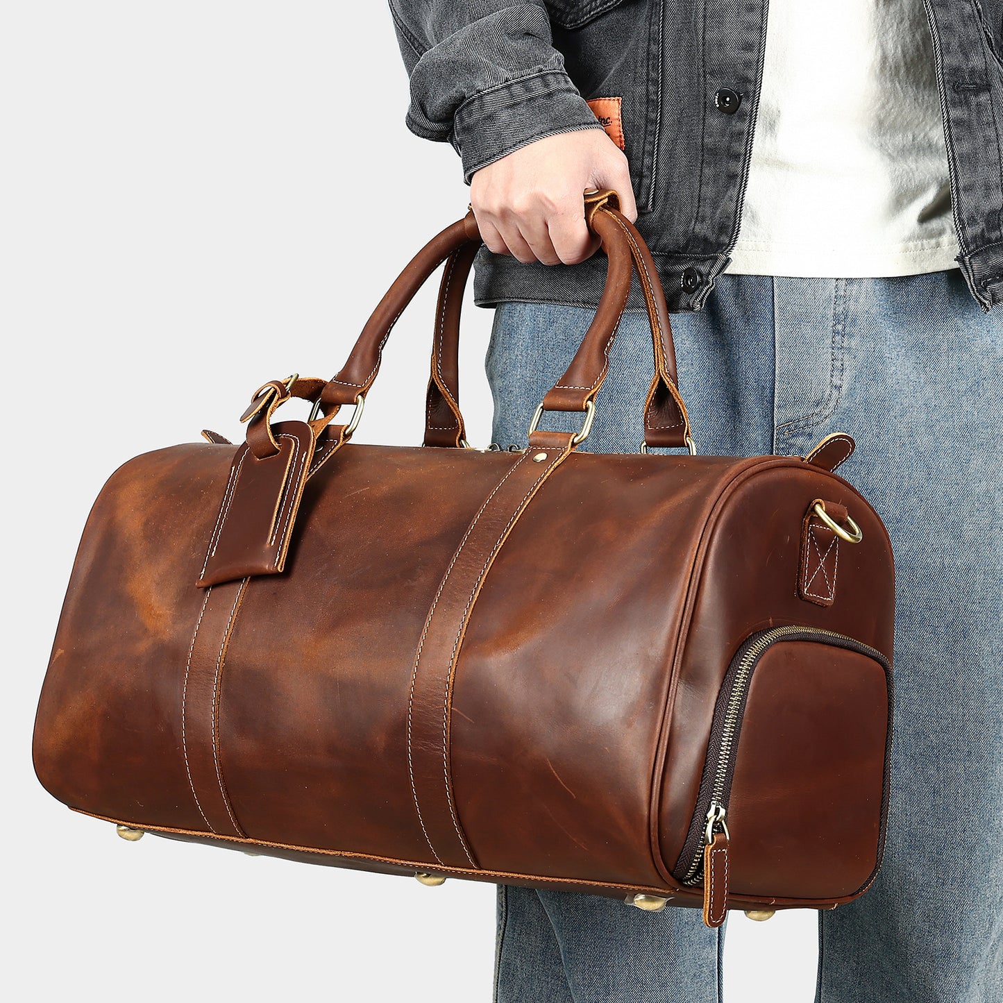 Men's Traveling Black With Shoe Position Cowhide Travel Bags
