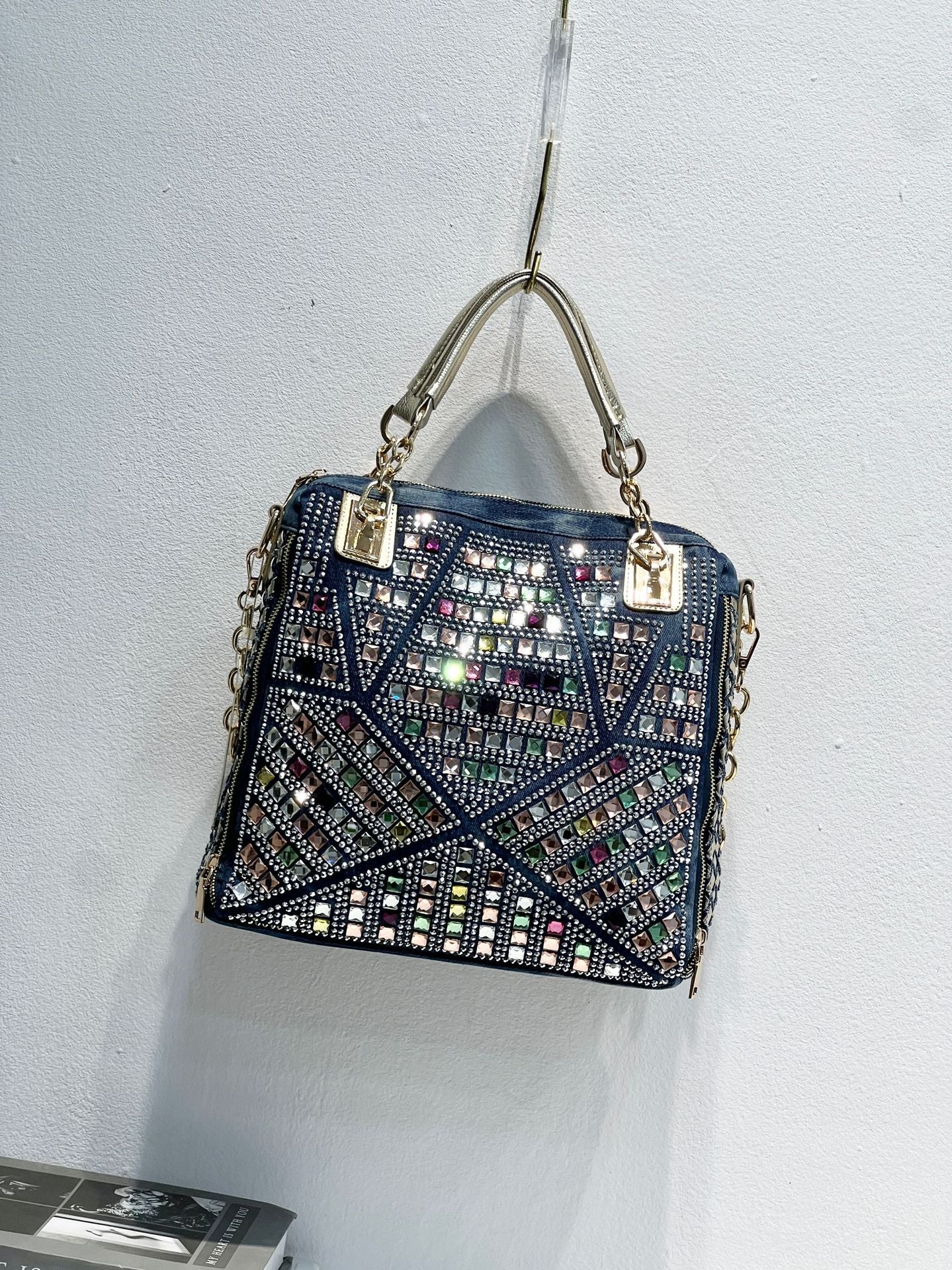Women's Fashion Rhinestone Denim Diamond Woven Large Tote Bags