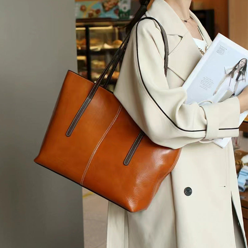 Women's Genuine Leather Portable Big Vegetable Tanned Cowhide Shoulder Bags