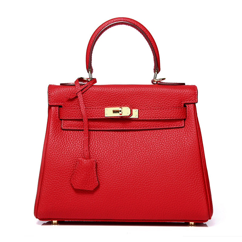 Women's First Layer Cowhide Kelly Litchi Grain Cow Leather Handbags