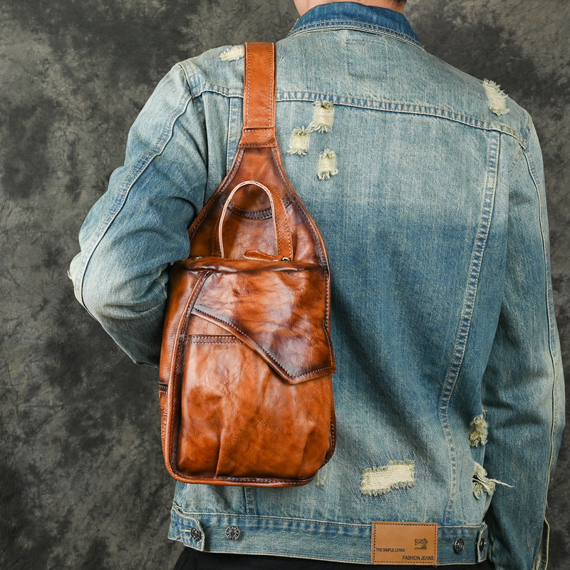 Vegetable Tanning Leather Hand-rub Color First Layer Cowhide Men's Chest Bags