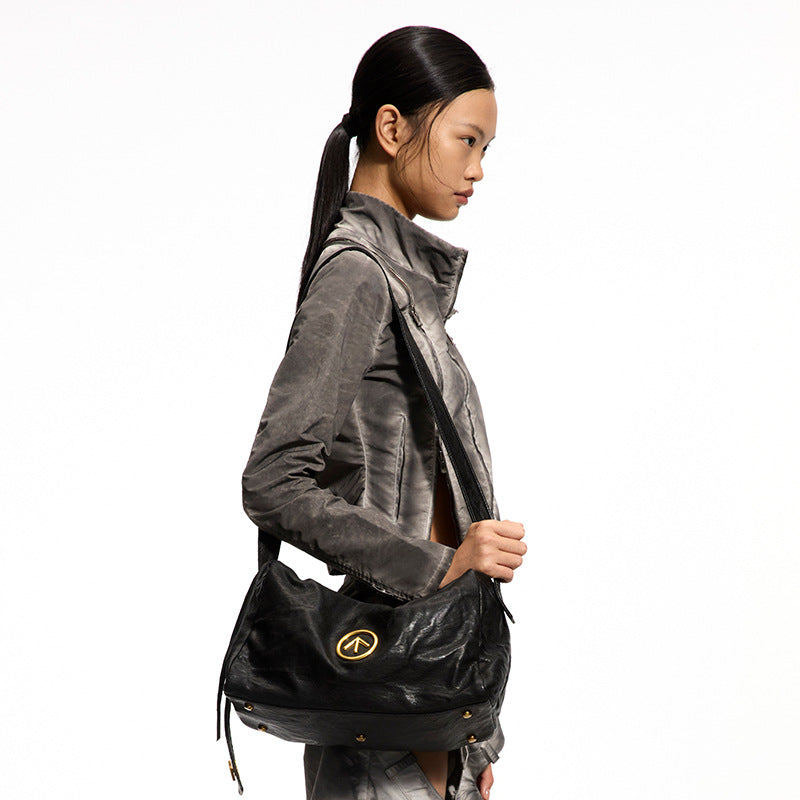 Black Stone Leather Large Capacity One Soft Shoulder Bags