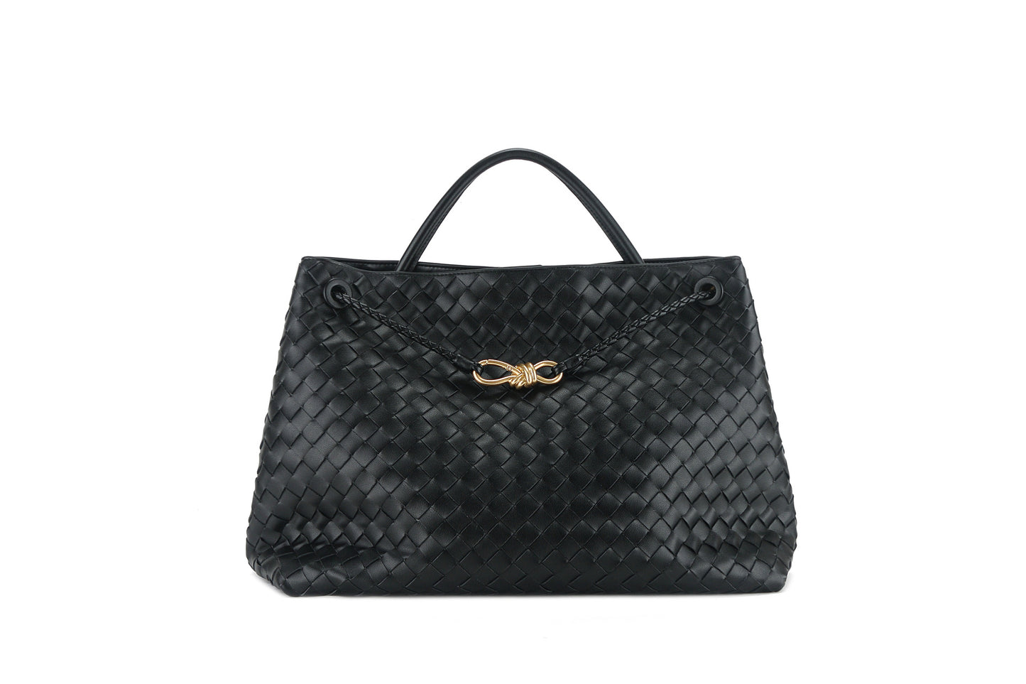 Women's Bow Metal Cord Fastener Woven Genuine Leather Shoulder Bags