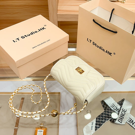 Women's Genuine Leather Golden Balls Rhombus Chain Shoulder Bags