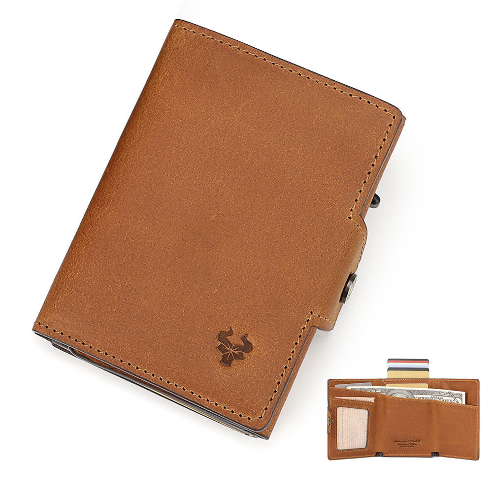 Oil Wax Crazy Horse Leather Pocket Automatic Card Holder