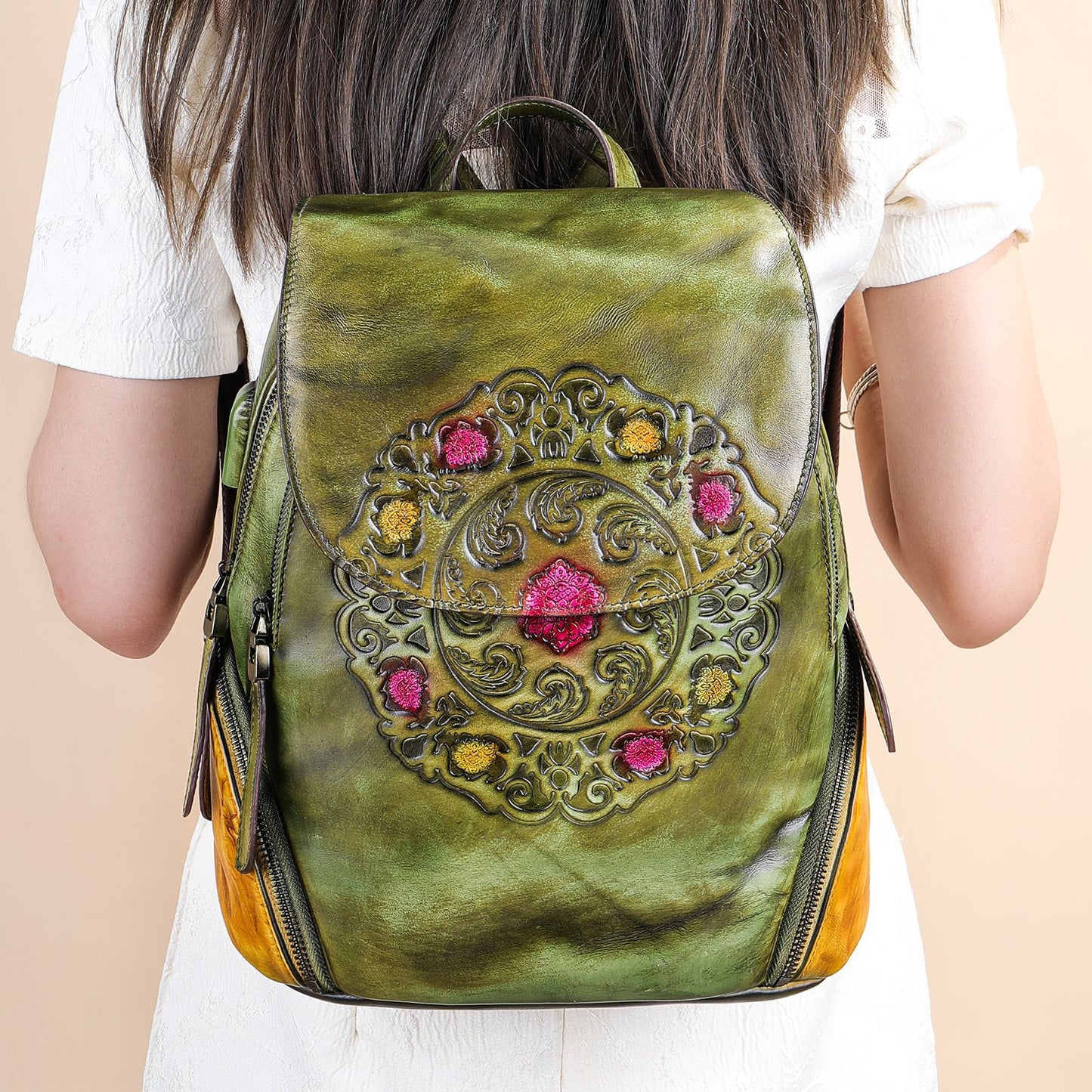 Women's Leather Ethnic Style Retro Hand-rub Color First Backpacks