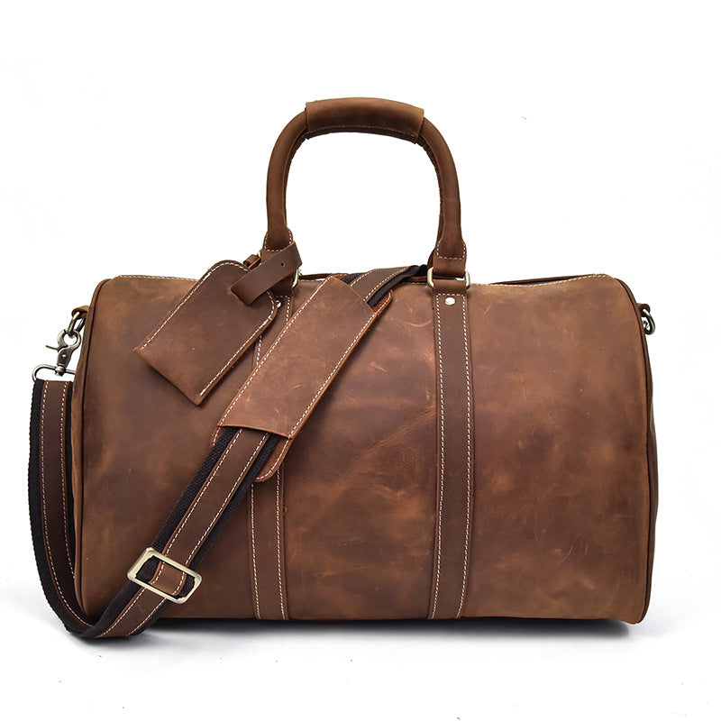 Men's Retro Traveling Crazy Horse Leather Cylinder Travel Bags
