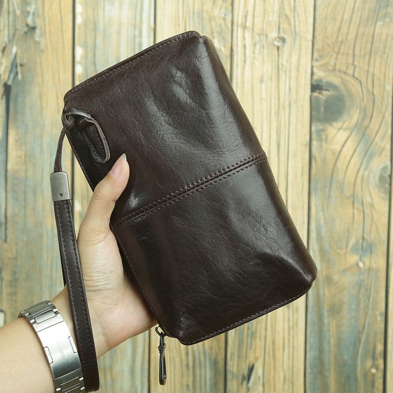 Men's Hipster Genuine Leather Clutch Soft Zip Long First Layer Men's Handbags