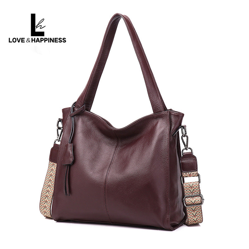 Women's First Layer Cowhide Simple Solid Color Commute Tote Bags
