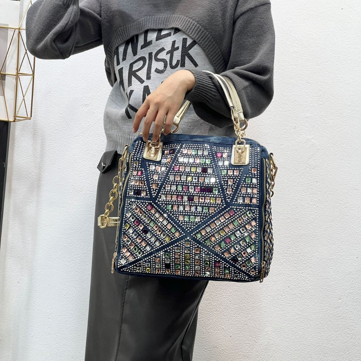 Women's Fashion Rhinestone Denim Diamond Woven Large Tote Bags