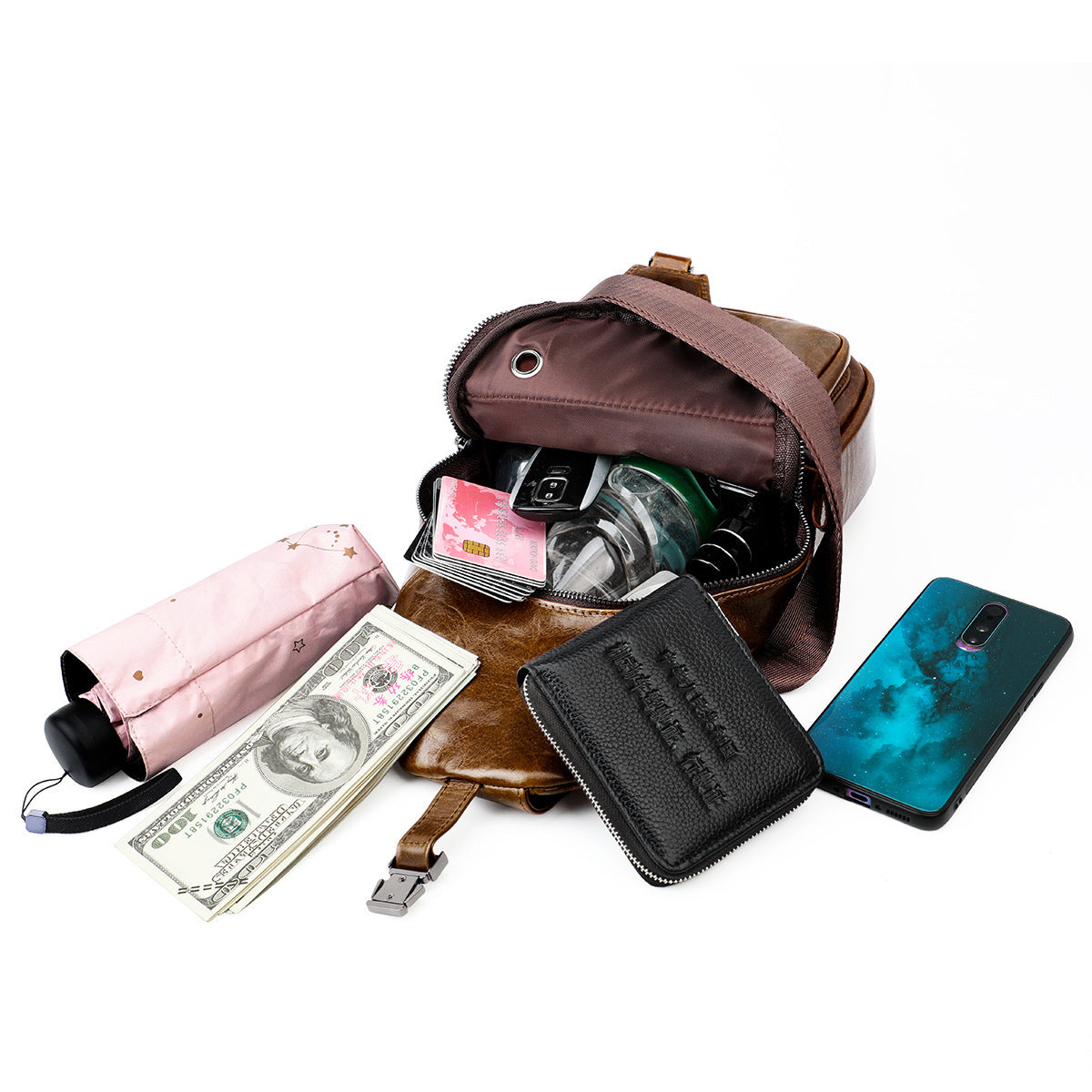 Men's Leather Cowhide Retro Oil Wax Skin Men's Chest Bags