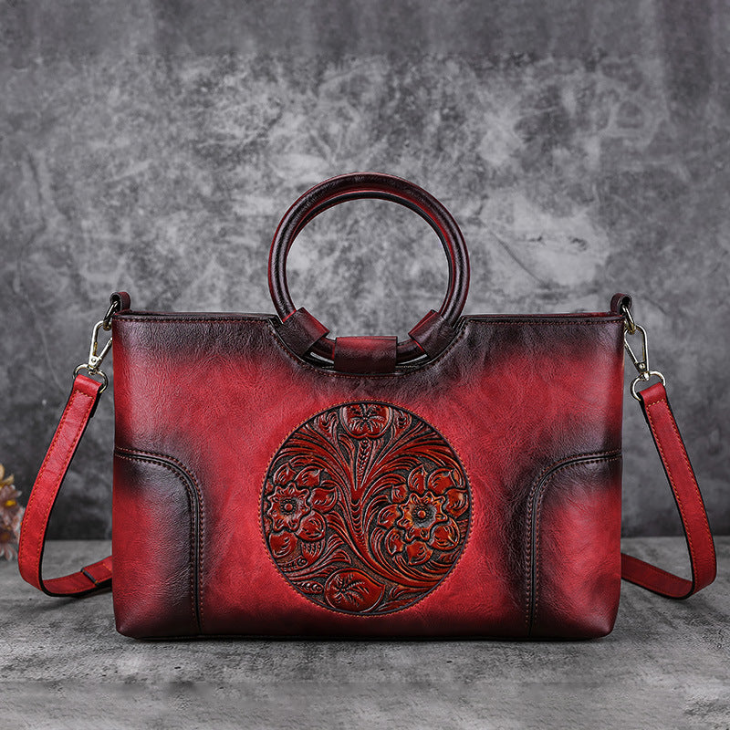 Women's Elegant Vintage Leather Floral Pattern Shoulder Bags