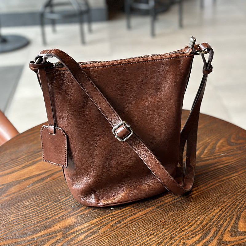 Women's Leather For First Layer Cowhide Retro Bucket Bags