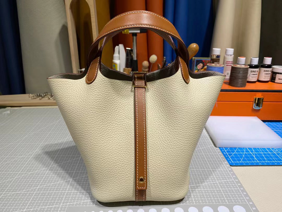 Women's Vegetable Basket Cowhide Handmade Wax Line Handbags