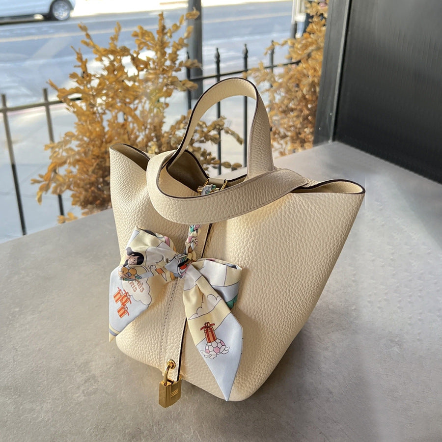 Women's Line Vegetable Basket Genuine Leather Litchi Pattern Handbags