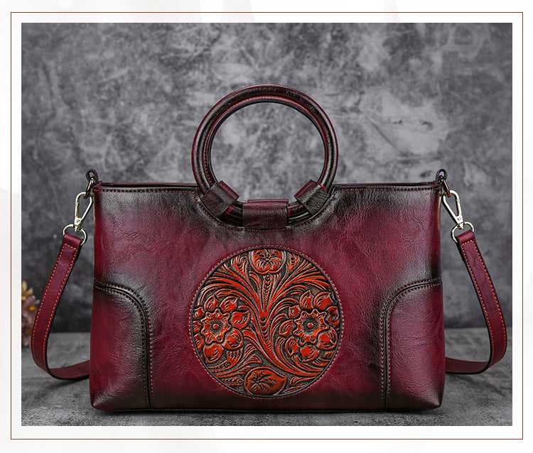 Women's Elegant Vintage Leather Floral Pattern Shoulder Bags