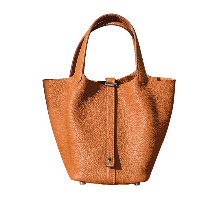 Women's Basket Layer Cowhide Leather Lychee Pattern Handbags