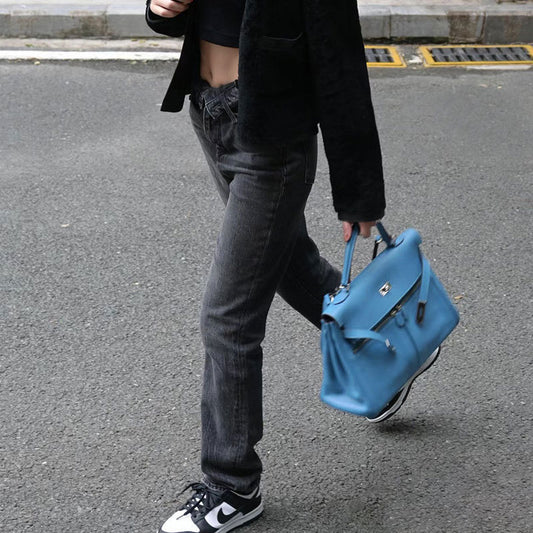 Women's Kelly Retro High-grade Cowhide Black Blue Crossbody Bags