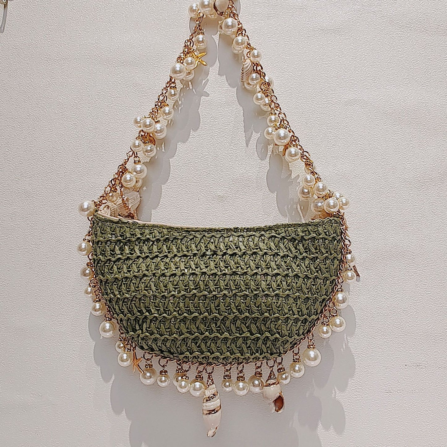 Women's Pearl Conch Straw Woven Seaside Holiday Handbags