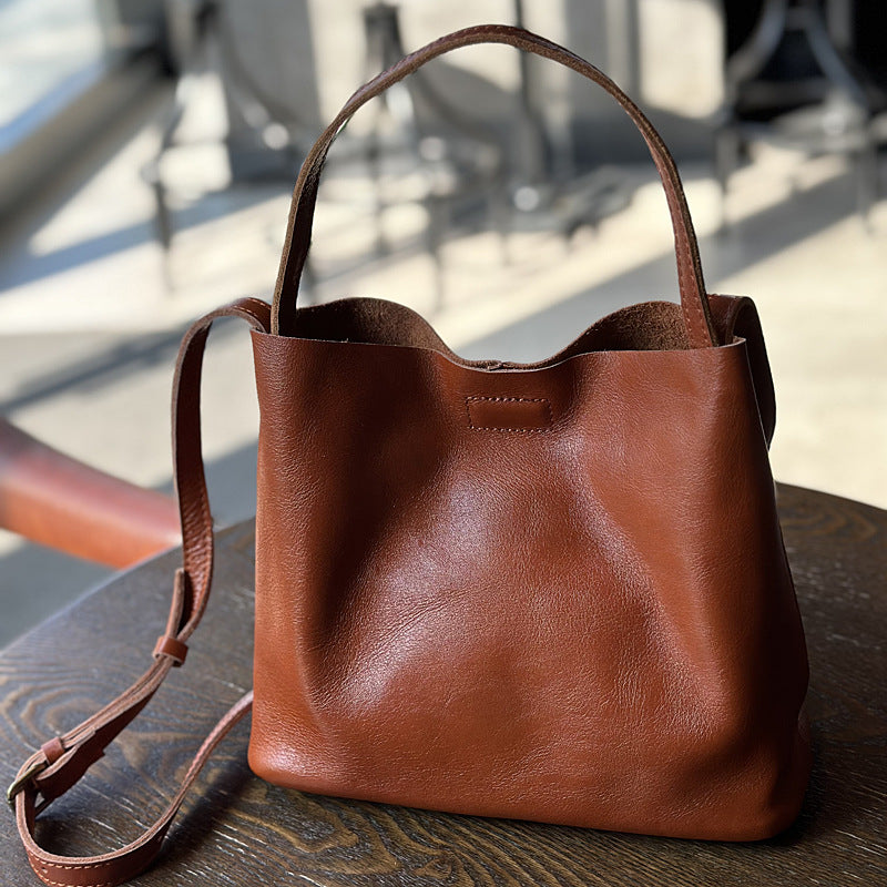 Women's Genuine Leather Simple Artistic Retro Vegetable Bucket Bags