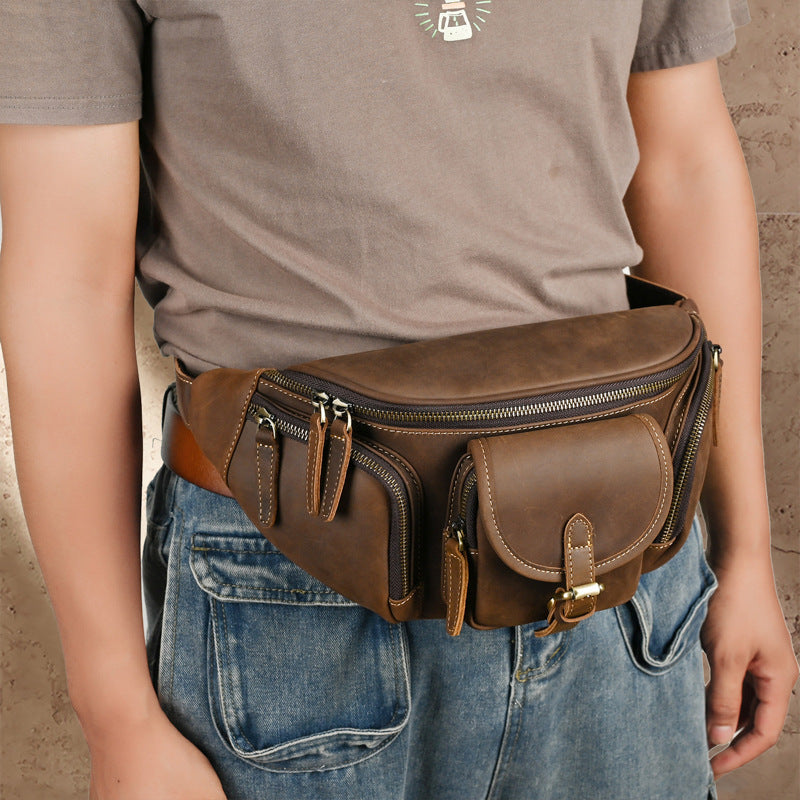 Crazy Horse Leather Retro Motorcycle Genuine Men's Chest Bags