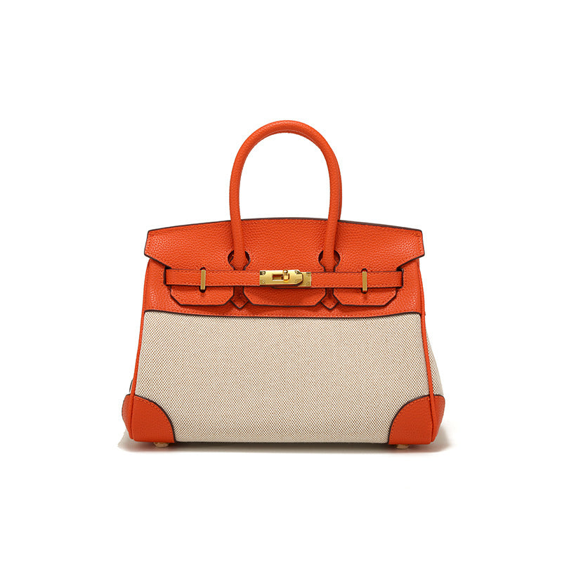 Women's Spring Design Leather With Canvas Contrast Shoulder Bags