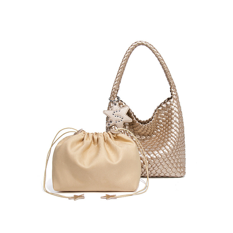 Women's Live Broadcast Champagne Gold Woven Large Shoulder Bags
