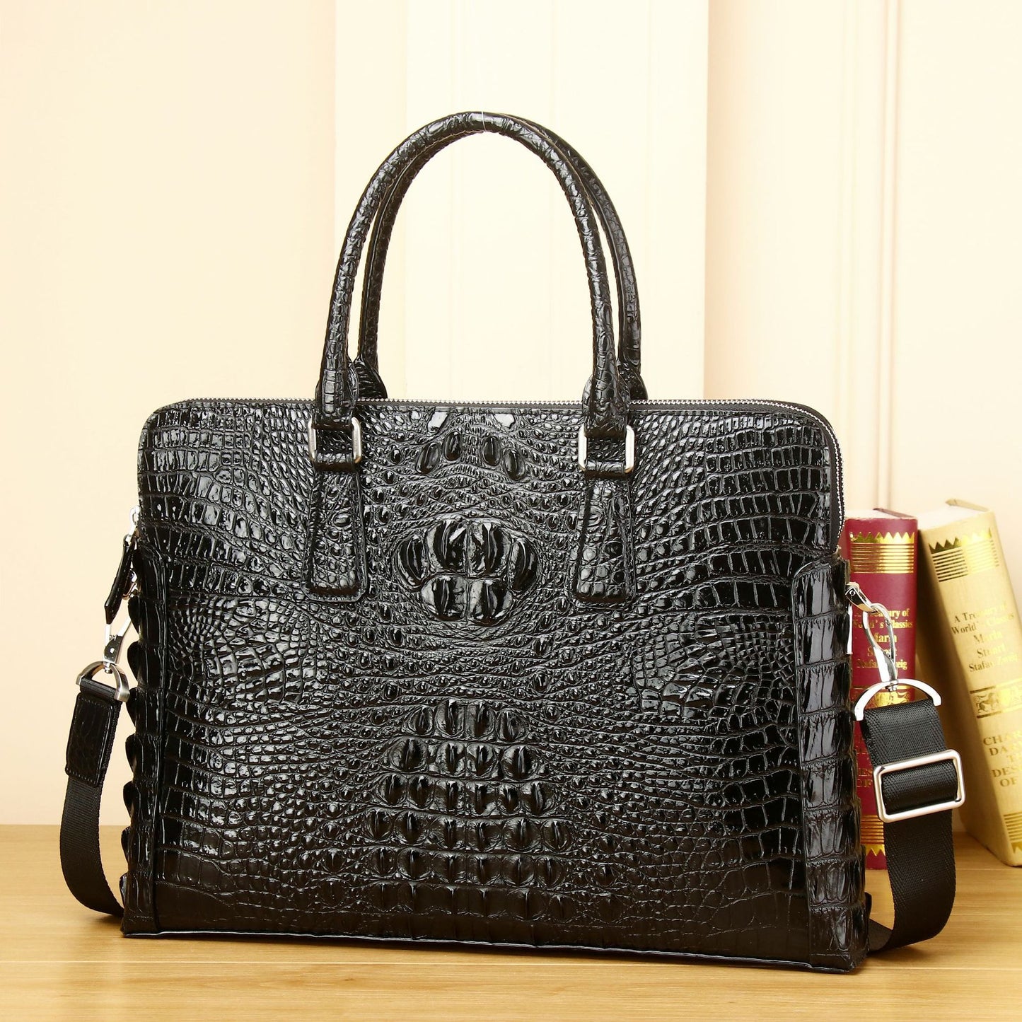 Men's Crocodile Pattern Double Layer Zipper Business Men's Briefcases