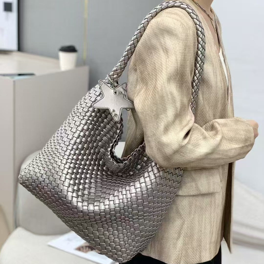 Women's Champagne Cowhide Woven Large Capacity Commuter Tote Bags