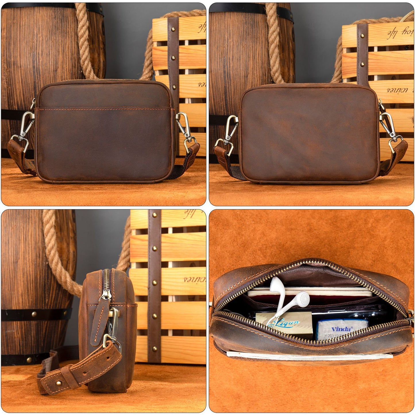 Men's Crazy Horse Leather Large Capacity Clutch Men's Shoulder Bags