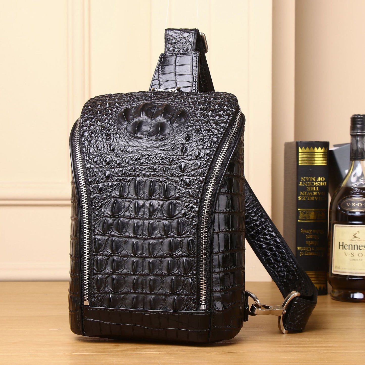 Men's Crocodile Leather Pattern Message Cowhide Large Men's Chest Bags