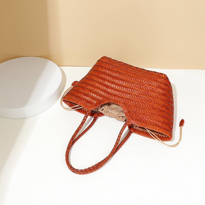 Retro Vegetable Basket Top Layer Cowhide Leather Design Tote Bags